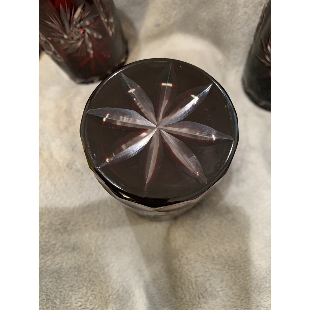 SET OF 4 RUBY RED BOHEMIAN CRYSTAL CUT TO CLEAR WHISKEY TUMBLER BAR GLASSES - Picture 10 of 14